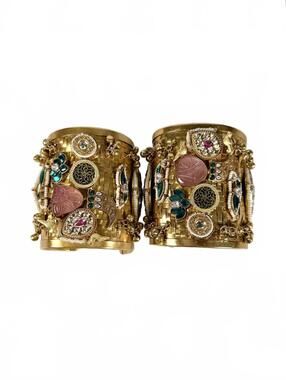 Handmade Indian Bridal Cuff Bracelet Pair Gold Kundan Meenakari Pearl Set